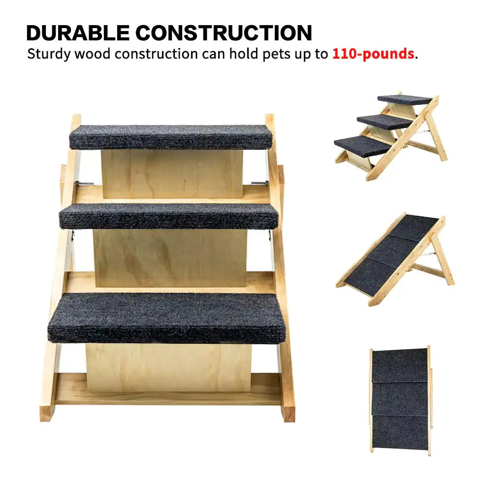 77 Wood Pet Stairs Pet Steps Foldable 3 Levels Dog Stairs Ramp Perfect For Beds And Cars Portable Dog Cat Ladder Up To 110 Pounds