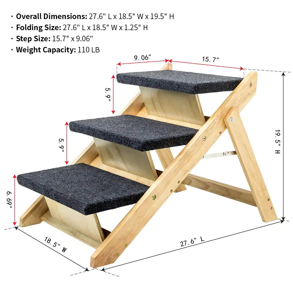 77  Wood Pet Stairs Pet Steps  Foldable 3 Levels Dog Stairs  Ramp Perfect For Beds And Cars Portable Dog Cat Ladder Up To 110 Pounds